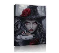 Via Vela Pianta murale a tela rossa di Wolf Red Rose Pittura di foresta mistica Stampe Poster a tema animale Opera d'arte retrò unica per arredamento del soggiorno 50x60cm