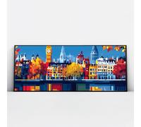 Via Vela Skyline della città Autunno Tela di canapa Wall Art Moderno Paesaggio urbano Stampe Stampe Grande murale Poster Pittura per Hotel Lobby Corridoio Decor 60x145cm con cornice nera
