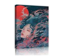 Via Vela Sogni misteriosi su tela Arte murale Onde oceaniche Ritratti astratti di donne Murales astratti con luna rossa Poster per decorazioni del dormitorio 30x40cm