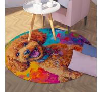 Via Vela Tappeti rotondi a tema acquerello 80cm marrone simpatico barboncino cane lavabile antiscivolo supporto a pelo corto tappeto circolare a pelo corto per sala da pranzo camera degli ospiti