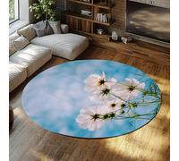 Via Vela Tappeti rotondi azzurri 80cm Bianco motivo floreale Lavabile Antiscivolo Pieghevole Sottile Cerchio Tappeto per la casa Camera da letto Divano Sala da pranzo