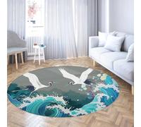 Via Vela Tappeti rotondi in stile cinese per la stanza dei bambini 100cm Modello di gru e onde Tappeto circolare antiscivolo per pavimento lavabile per lavanderia Sala da pranzo
