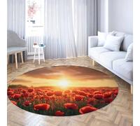 Via Vela Tappeto rotondo in stile moderno 120cm campi di fiori rossi al mattino presto Tappeto circolare lavabile antiscivolo per appartamento di fango