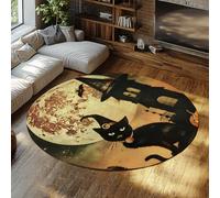 Via Vela Tappeto rotondo per la notte di Halloween 150cm Castello Nero Gatto Stampa Pipistrello Lavabile Tappeto a pelo corto sottile antiscivolo per bagno Sala giochi corridoio