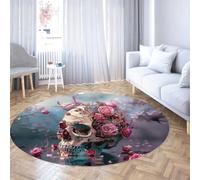 Via Vela Tappeto rotondo teschio gotico camera 200cm 3D teschio rosa romantico grande tappeto circolare whimsigoth botanico morte estetico antiscivolo lavabile tappetino sala yoga lettura