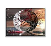 Via Vela Yin Yang Tree Lienzo Arte pared Zen moderno Impresiones paisaje Naturaleza asiática Sala meditación Mural Póster Pintura para decor oficina en casa 60x90cm con marco negro