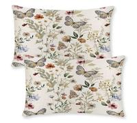 ViaElayu Federe Cuscini Divano 30x50 Rettangolo Primaverile Federa Cuscino da Esterno Fiori Rosa Beige Foglie Verde Farfalle Federe per Cuscini Decorativi da Giardino Copricuscino Set di 2