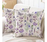ViaElayu Federe Cuscini Divano 50x50 Primaverile Floreale Federa Cuscino da Esterno Viola Grigio Fiori Foglie Farfalle Federe per Cuscini Decorativi da Giardino Copricuscino Set di 2