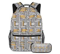 Viaggia con stile con il nostro zaino e astuccio combinato per studenti, motivo geometrico quadrato dorato argento, Multicolore, B:29.4x20x40cm P:19x7.5x3.8cm, Zaini Daypack