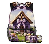 Viaggia con stile con questo set di zaino e astuccio, borsa per libri perfetta per studenti, casa con croce pasquale viola, Multicolore, B：29.4x20x40cm P：19x7.5x3.8cm, Zaini Daypack