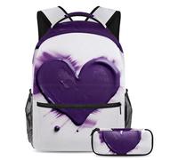 Viaggia con stile con questo set di zaino e astuccio, borsa per libri perfetta per studenti, motivo a cuore viola, Multicolore#01, B：29.4x20x40cm P：19x7.5x3.8cm, Zaini Daypack