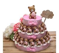 Viale Magico Bomboniere Nascita Torte con Orsetti Cuore Bimba Statuine MilleCuori TR1004S (Torta da 35 Fettine)
