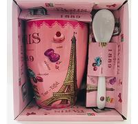 Vianaya - Tazza Paris Tour Eiffel e altri monumenti di Parigi - Motivo Macaron di Parigi - Dimensione media 10,5 cm con un cucchiaio, colore rosa acceso - aspetto lucido