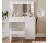 Viaozutis Scrivania con specchio, grande cassetto e spina di alimentazione con 11 lampadine e 3 modalità di illuminazione regolabili, tavolo da toeletta per camera da letto (bianco)