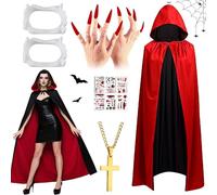 Vibbang Set di Costumi da Vampiro di Halloween, Mantello con Cappuccio e Zanne da Vampiro e Sangue Finto, Reversibile Mantello nero e Rosso da Vampiro, per adulti per Festa di Halloween, 140cm