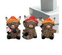Vibhgtf Highland Cow statuine | 3 pezzi Statua di corteccia altopiano con cappello a fungo, statuetta di animali in resina, decorazione per tavolo, vetrina, giardino, accessorio per la casa