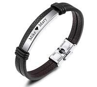 VIBOOS Braccialetti Personalizzati per Uomo Ragazzi Donne Incisione Nome Data Identificazione Braccialetto Vera Pelle Etichetta in Acciaio Inossidabile Gioielli Gemelli Intrecciati Regali del Padre