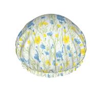 Vibrant Blue And Yellow Flowers Cuffia Da Bagno Per Donna Impermeabile Cuffia Doccia Per Capelli Comodo Shower Caps Per Spa Salone Nuoto