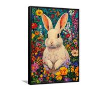 Vibrante Fiori di Campo Carino Coniglio Tela di Arte Della Parete Colori Stampe Di Opere D'arte Poster Pittura Amanti degli Animali Stampe Di Immagini Per Nursery Decor 40x60cm con cornice nera