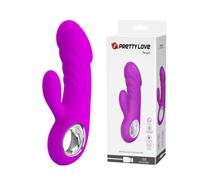 Vibratore vaginale in silicone viola con stimolatore clitoride e anello cromato