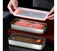 Vibsky Contenitore per pancetta in acciaio inox con coperchio sigillato per conservare la carne in frigorifero, scatola ermetica e salvafreschezza, 26,8 x 10 x 4,8 cm