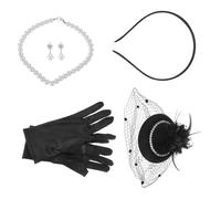 VICASKY 1 Set Pearl Top Hat Set per Ospite Perle Marine Guanti Principessa Tea Party Donne Accessori Cappello Tea Party Cappello Metallo Nero