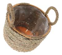 VICASKY Woven Plant Basket with Plastic Liner and Handle in Straw, Simple Decorative Basket for Desktop Use