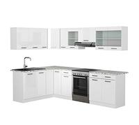 Vicco Cucina ad angolo Rick, Bianco lucido/bianco, 270 x 60 cm, PL Marmo, con moduli combinabili in modo variabile e piedi regolabili in altezza