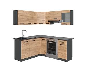 Vicco Cucina ad angolo Rick, Quercia dorata/antracite, 190 x 46 cm, AP Antracite, con elementi modulari espandibili per una pianificazione flessibile della cucina