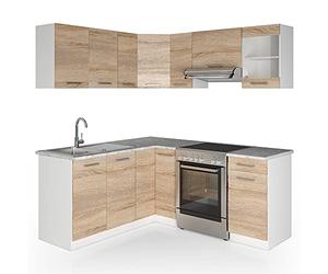 Vicco Cucina ad angolo Rick, Sonoma/Bianco, 190 x 60 cm, PL Marmo, con elementi modulari espandibili per una pianificazione flessibile della cucina