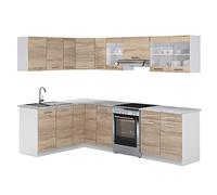 Vicco Cucina ad angolo Rick, Sonoma/Bianco, 270 x 60 cm, PL Marmo, con moduli combinabili in modo variabile e piedi regolabili in altezza