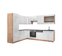 Vicco cucina angolare completa Fame-Line, Bianco lucido/oro power oak, 227 x 287 cm senza piano di lavoro
