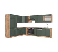 Vicco cucina angolare completa Fame-Line, Quercia verde-oro Country/oro Power, 257 x 347 cm senza piano di lavoro