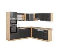 Vicco Cucina angolare completa R-Line Antracite lucido/Rovere 247x237 cm | 14 Moduli · Piedini regolabili in altezza · Senza piano di lavoro · Ante robuste · Con armadio forno/microonde