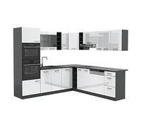 Vicco Cucina angolare completa R-Line Bianco lucido/Antracite 247x237 cm | 14 Moduli · Piedini regolabili in altezza · Senza piano di lavoro · Ante robuste · Con armadio forno/microonde