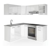 Vicco Cucina angolare completa R-Line, Bianco lucido/Bianco 187 x 167 cm | PL Marmo, con elementi modulari espandibili per una pianificazione flessibile della cucina