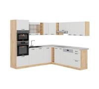 Vicco Cucina angolare completa R-Line, Casa di campagna bianca/quercia dorata, 247 x 60 cm, PL Marmo, per la configurazione personalizzata e l'espansione con moduli aggiuntivi