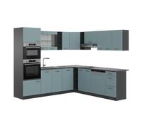 Vicco Cucina angolare completa R-Line, Grigio-blu/Antracite, 247 x 237 cm | 14 Moduli · Piedini regolabili in altezza · Senza piano di lavoro · Ante robuste · Con armadio forno/microonde