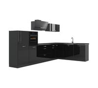 Vicco Cucina angolare completa R-Line, Nero lucido/Antracite 347 x cm | 8 Moduli · Piedini regolabili in altezza · Piano di lavoro in nte robuste · Con armadio per forno