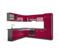 Vicco Cucina angolare completa R-Line, Rosso lucido/antracite, 287 x 46 cm senza piano di lavoro