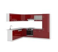 Vicco Cucina angolare completa R-Line, Rosso lucido/bianco, 287 x 60 cm, PL Marmo, espandibile in modo flessibile con elementi modulari