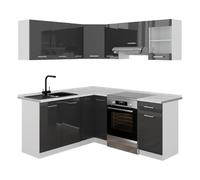 Vicco Cucina angolare completa Rick, Antracite lucido/Bianco, 187 x 167 cm, PL Marmo, con elementi modulari espandibili per una pianificazione flessibile della cucina