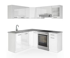 Vicco Cucina angolare completa Rick, Bianco lucido/bianco, 190 x 60 cm, PL Marmo, con elementi modulari espandibili per una pianificazione flessibile della cucina