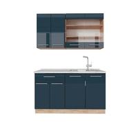 Vicco Cucina completa Fame-Line, Blu scuro lucido/rovere dorato, 140 cm, PL Marmo