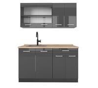 Vicco Cucina completa R-Line, Antracite lucido, 140 cm | 4 Moduli · Piedini regolabili in altezza · Senza piano di lavoro · Ante robuste · Con mobile vetrina