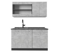 Vicco Cucina completa R-Line, Calcestruzzo, 140 cm | 4 Moduli · Piedini regolabili in altezza · Senza piano di lavoro · Ante robuste · Con mobile vetrina