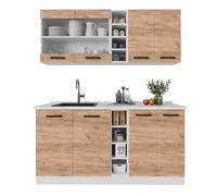 Vicco Cucina completa R-Line, Quercia dorata/bianco, 160 cm PL Marmo, con disposizione flessibile dei moduli ed espandibile