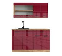Vicco Cucina completa R-Line, Rosso lucido/rovere dorato, 140 cm senza piano di lavoro