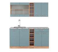 Vicco Cucina completa R-Line, Rovere blu-grigio/oro, 160 cm, PL Marmo, adatto per combinazioni ed espansioni personalizzate