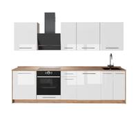 Vicco Cucina componibile Fame-Line, Bianco lucido/Rovere dorato, 280 cm | 9 Moduli · Piedini regolabili in altezza · Senza piano di lavoro · Ante in MDF · Softclose · Maniglie in metallo